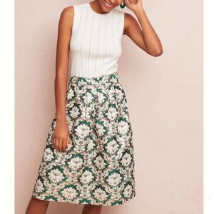Anthropologie Current Air Jacquard Green and Cream Patterned A-Line Skirt